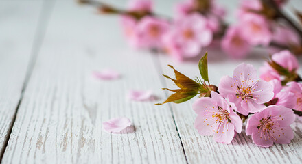 Delicate Pink Cherry Blossoms on Rustic White Wooden Background Spring Floral Image