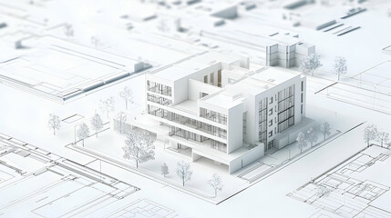 Isometric White Architectural Model Showing Urban Buildings and Surrounding Area with Detailed Structure