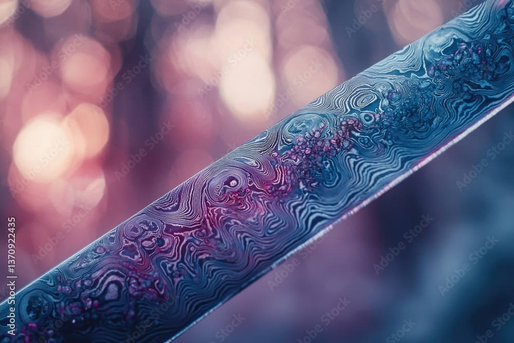 Poster close-up of a damascus steel blade with intricate patterns and a soft, blurred bokeh background.