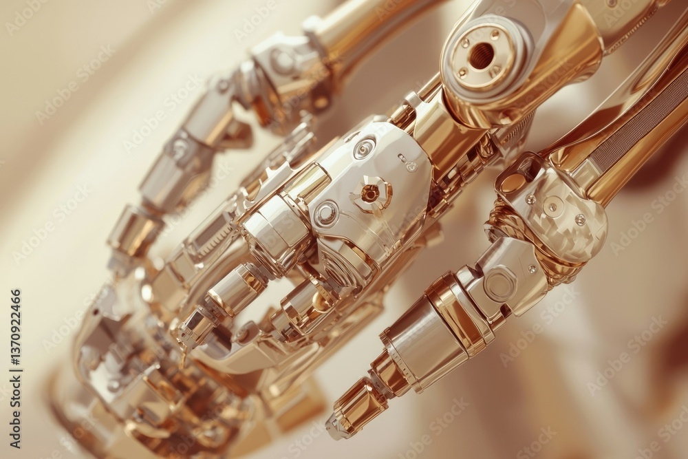 Poster close-up of a detailed, shiny golden and silver mechanical robot hand, showing intricate engineering