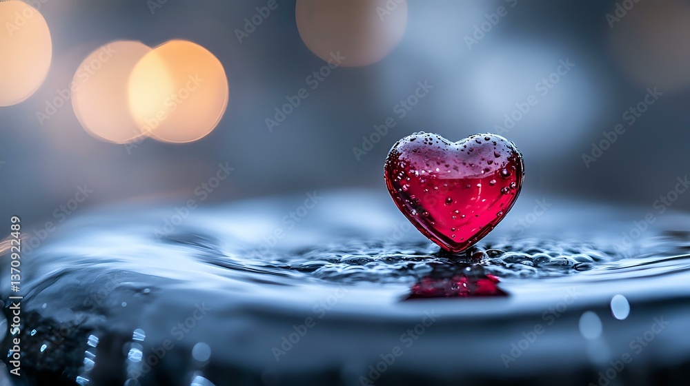 Poster red heart-shaped water drop creating ripple effect on liquid surface with soft bokeh lights in backg