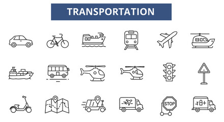 Transportation Icons: A collection of line art icons representing various modes of transportation.