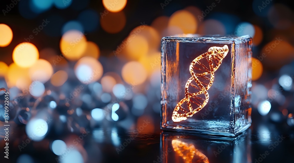 Poster glowing dna helix structure frozen in ice cube against blurred bokeh lights background, creating dra