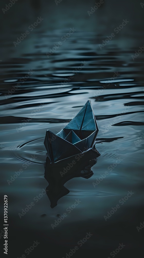 Poster paper boat floating on dark moody water surface with ripples and reflections, illuminated by mysteri
