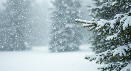 Snow Falling on Evergreen Branches Winter Wonderland Scene Snowy Landscape Background
