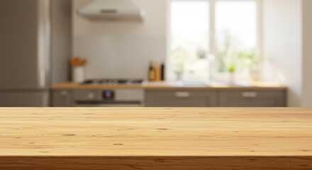 Wooden Tabletop Display Mockup with Blurred Modern Kitchen Background