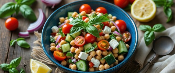 fresh and vibrant salad bowl with tomatoes, cucumbers, and chickpeas