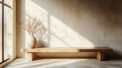 A minimalist corner of an empty house, with a wooden bench, sparse decor, and a calming light from the window