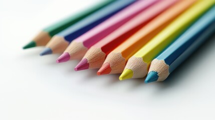 Palette of Possibilities: A row of sharpened pencils in a spectrum of colors, poised for creation, sitting a blank backdrop.