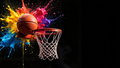 Basketball in motion hitting the hoop, vibrant splash art dynamic