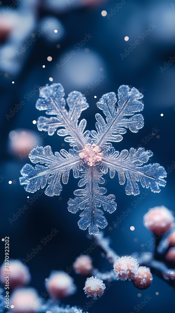 Poster delicate snowflake crystal with intricate feather-like patterns captured in macro photography agains