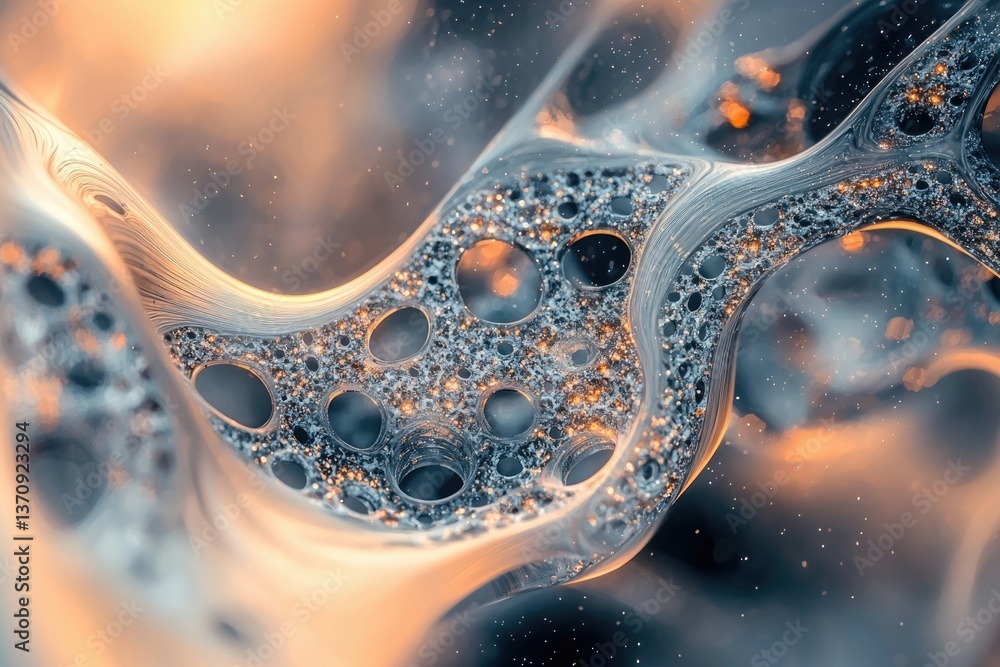 Poster abstract close-up showing intricate organic structure with tiny holes and a glowing, ethereal light 