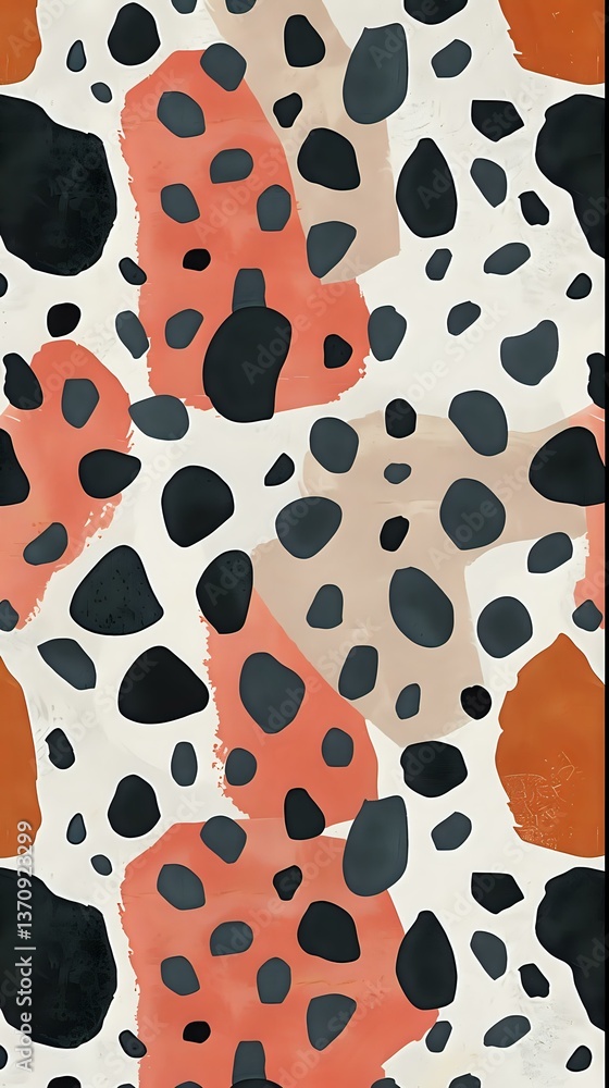 Poster abstract organic spots pattern in coral, black and white colors. seamless repeat design with irregul