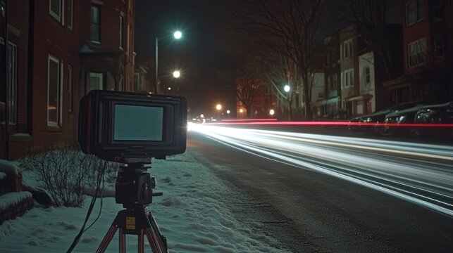 Long exposure shot of traffic at night with a camera on a tripod. - Powered by Adobe