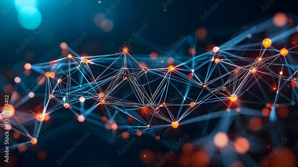 Poster abstract digital network pattern with glowing orange and blue lines