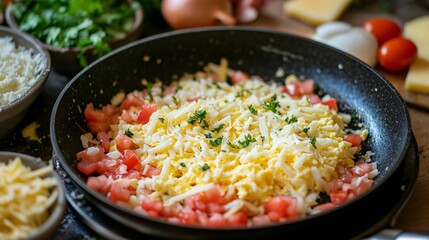 Fototapeta premium A close up of a frying pan surrounded by shredded cheese, diced tomatoes, and chopped onions, prepared for a classic scrambled eggs dish