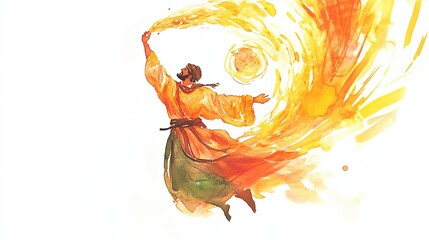 Elijah ascends to heaven in a chariot of fire, depicted in a minimalist watercolor style with dynamic motion and vibrant colors