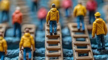 Minature people representing racial discrimination in employment and promotion using wooden ladders to illustrate barriers and challenges faced in the workplace