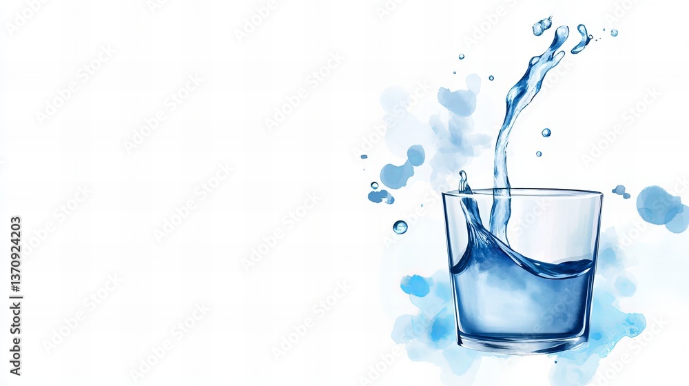 Poster glass of water is shown with a dynamic splash against an isolated white backdrop, creating a refresh