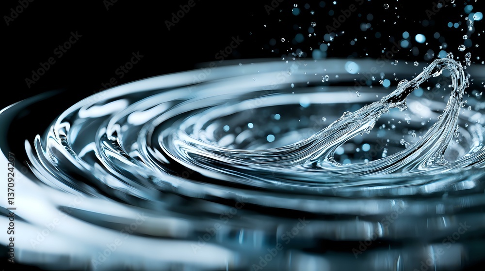 Poster water drop impact creating concentric ripples and splash crown with floating droplets on dark surfac