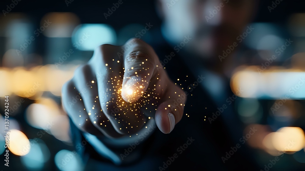 Poster magical glowing light particles floating between fingers against dark background with bokeh lights, 
