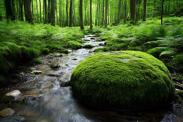 A mossy boulder in a shaded forest glen, surrounded by ferns and the sound of a nearby stream. The air is cool and fresh, the scene inviting a moment of quiet reflection in nature's embrace