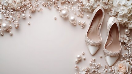 Elegant bridal shoes and accessories arranged on a white background in a bridal room for wedding decoration inspiration