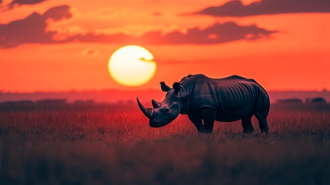Majestic rhino standing in golden grass during sunset on World Wildlife Day showcasing natures beauty and wildlife preservation