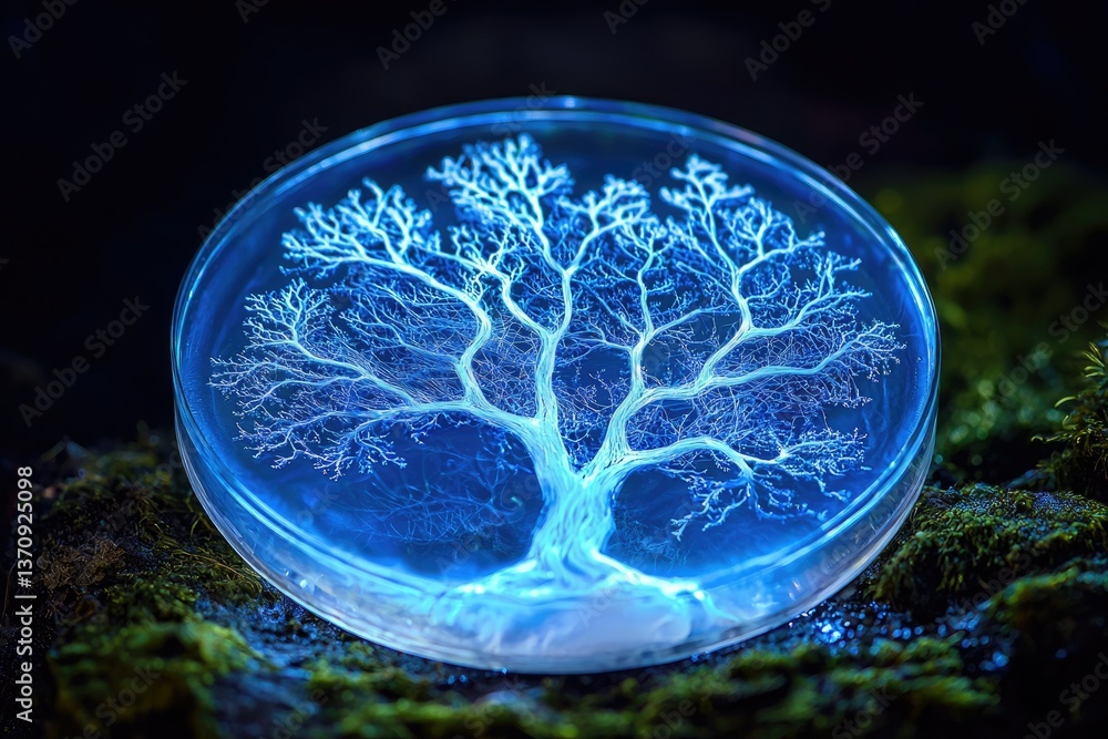 Poster a luminescent tree-like pattern glows within a petri dish, resting on a bed of moss, creating an eth