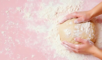 Fototapeta premium Female hands kneading raw dough on pink background with scattered flour. Homemade baking process captured from above showing pastry preparation.