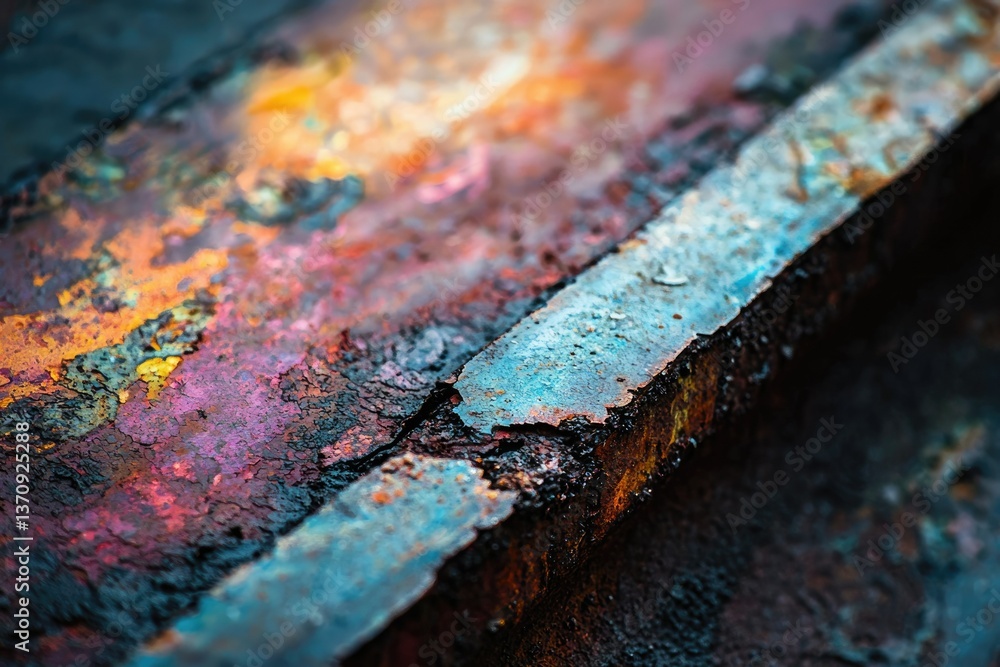 Poster a close-up of oxidized metal showing vibrant hues of rust, creating an abstract texture with depth a