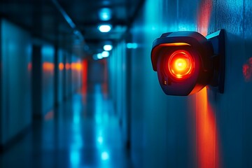 A motion detector triggering a security light in a darkened corridor, with the light glowing brightly to expose potential intruders