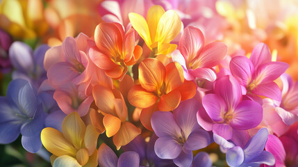 Fototapeta premium 3D illustration of colorful bouquet of freesia background,top view.