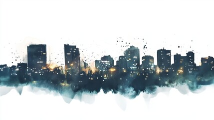 Fototapeta premium Evening cityscape in minimalist watercolor style showcasing twinkling lights and urban charm against a clean white background