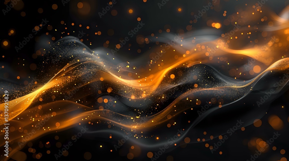 Aufkleber abstract glowing golden wave with sparkling particles and smoke effect on dark background, flowing d