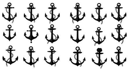 Collection of nautical anchors with chains.