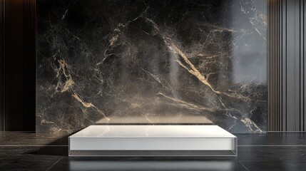 Modern display platform against a luxurious marble wall