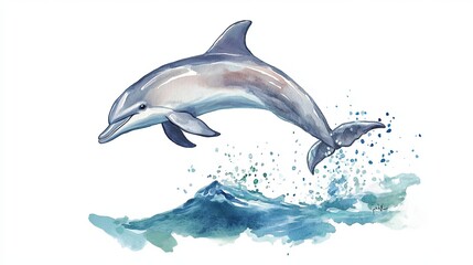 Obraz premium Joyful watercolor sketch of a dolphin leaping out of water, capturing playful movement against a white backdrop with splashes of blue and green