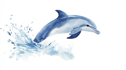 Playful dolphin leaps joyfully from water in cheerful watercolor sketch capturing the essence of marine life in an engaging and simple design