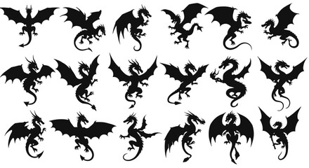 Fototapeta premium Collection of black dragon silhouettes.