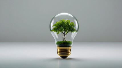 A transparent light bulb with a golden base houses a small, lush green tree. 