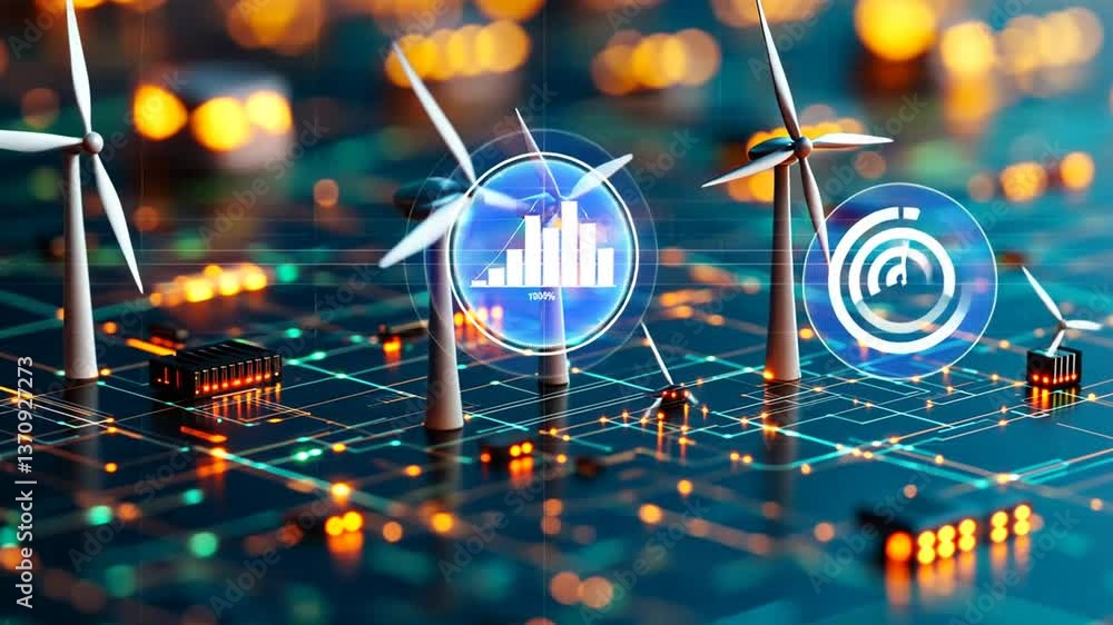 Poster digital energy efficiency analysis with wind turbines and data visuals generative ai