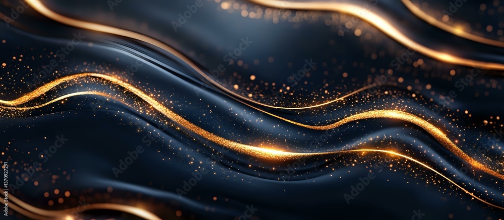 Poster abstract luxury waves with golden light effect on dark background, glowing curved lines and sparkles