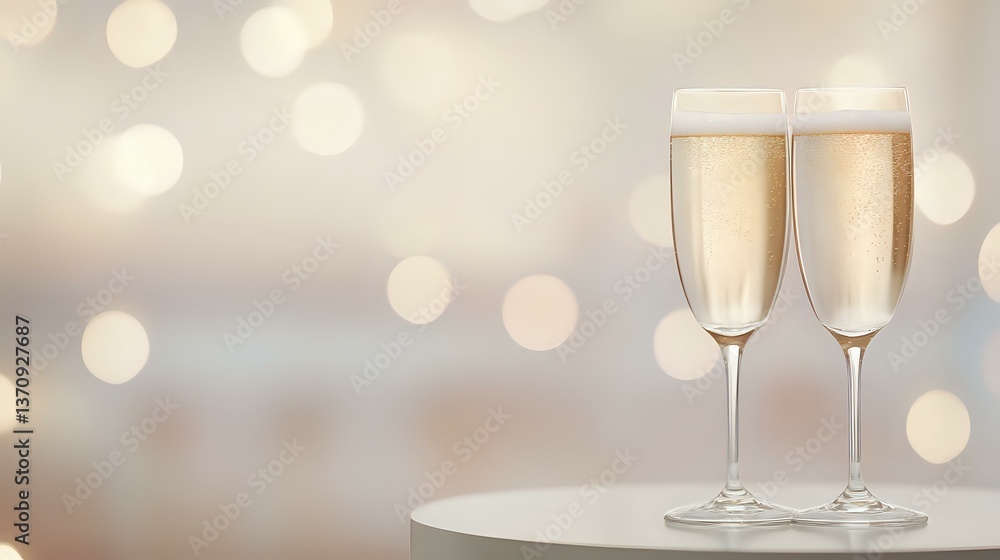 Poster two elegant champagne flutes filled with sparkling wine against soft bokeh background in beige and s