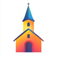 Colorful church building with a tall spire and cross situated in a vibrant setting, showcasing modern architectural design elements