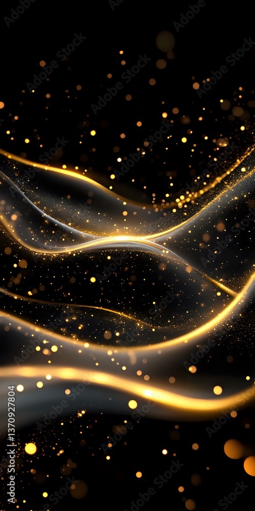 Poster glowing golden waves with sparkles and bokeh effects on black background create magical atmosphere f