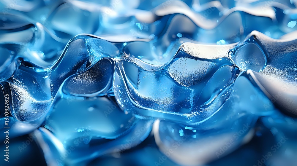 Poster macro photography of melting ice cubes with smooth curved surfaces creating abstract pattern in cool