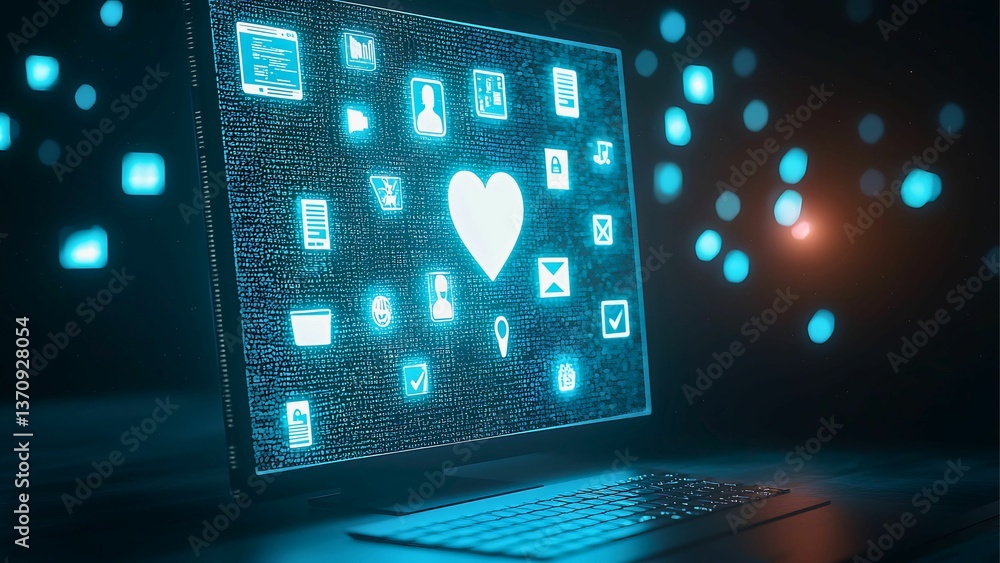 Poster a digital heart on a computer screen, surrounded by glowing icons, evoking feelings of connection an