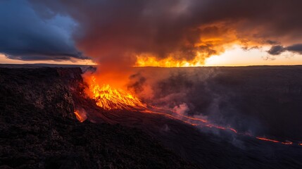 Fototapeta premium Molten lava flowing from volcanic crater with extreme heat distortion and glowing red textures