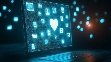 Obraz premium A digital heart on a computer screen, surrounded by glowing icons, evoking feelings of connection and online interaction